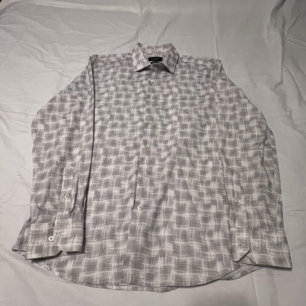 Bugatchi Shirt Mens Shaped Fit Super Fine Cotton Long Sleeve Button Gray‎ Large
